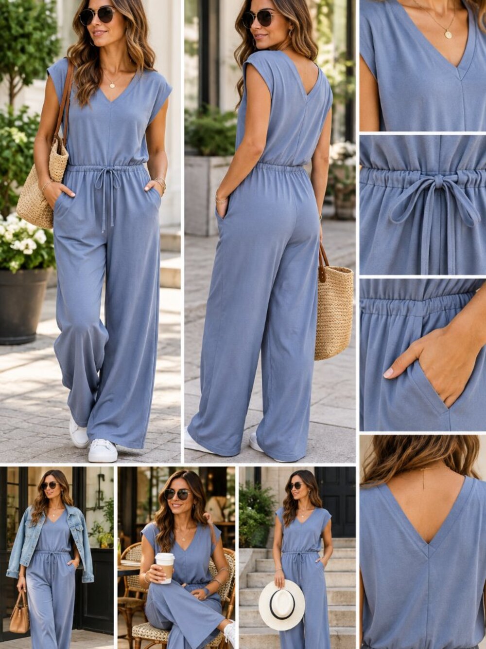 Athleta Willow Jumpsuit S Petite Cottage Blue Wide Leg V Neck Drawstring